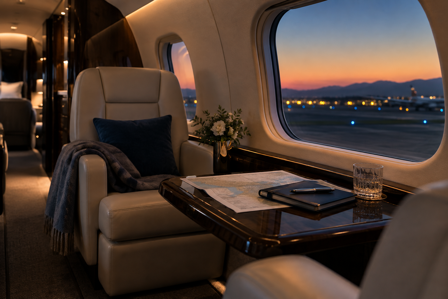 Interior de un avión privado antes del despegue