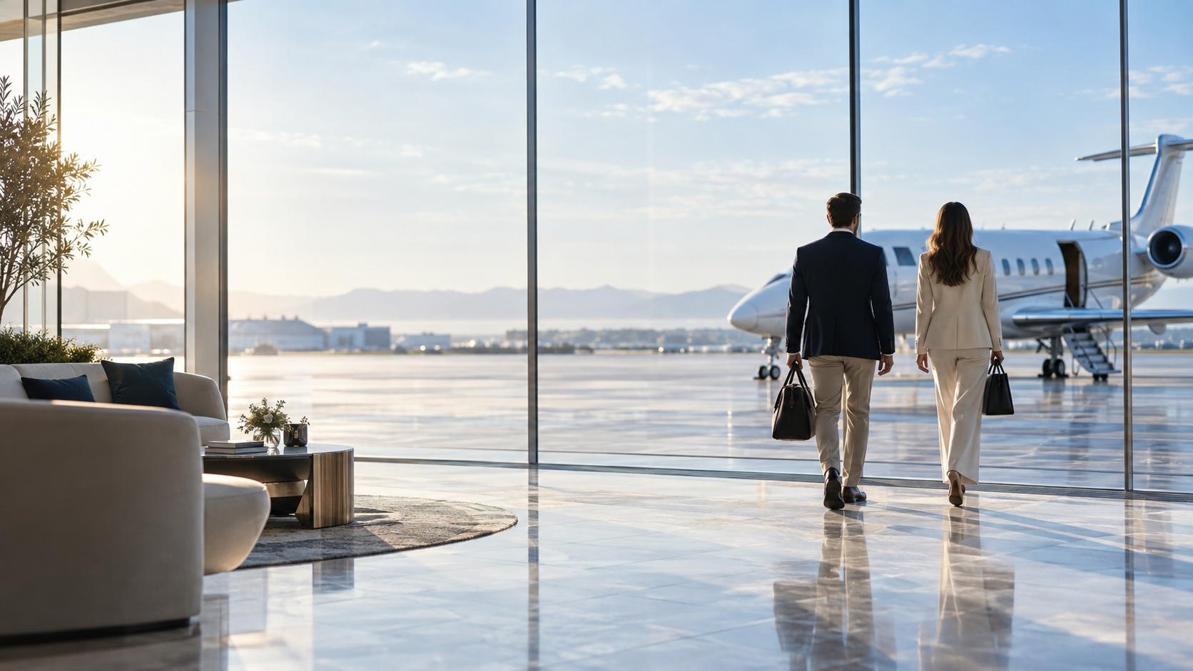 Viajeros caminando hacia un avión privado en una terminal ejecutiva